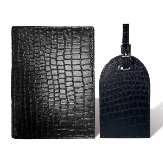 Porta Pasaporte Mini + Identificador Clásico - Croco Negro